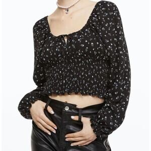 H&M Black Floral Smocked Blouse